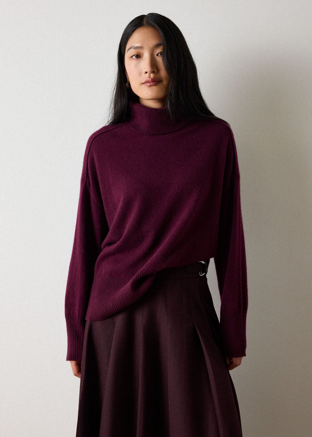 Burgundy Cashmere Seam Roll Neck Knit