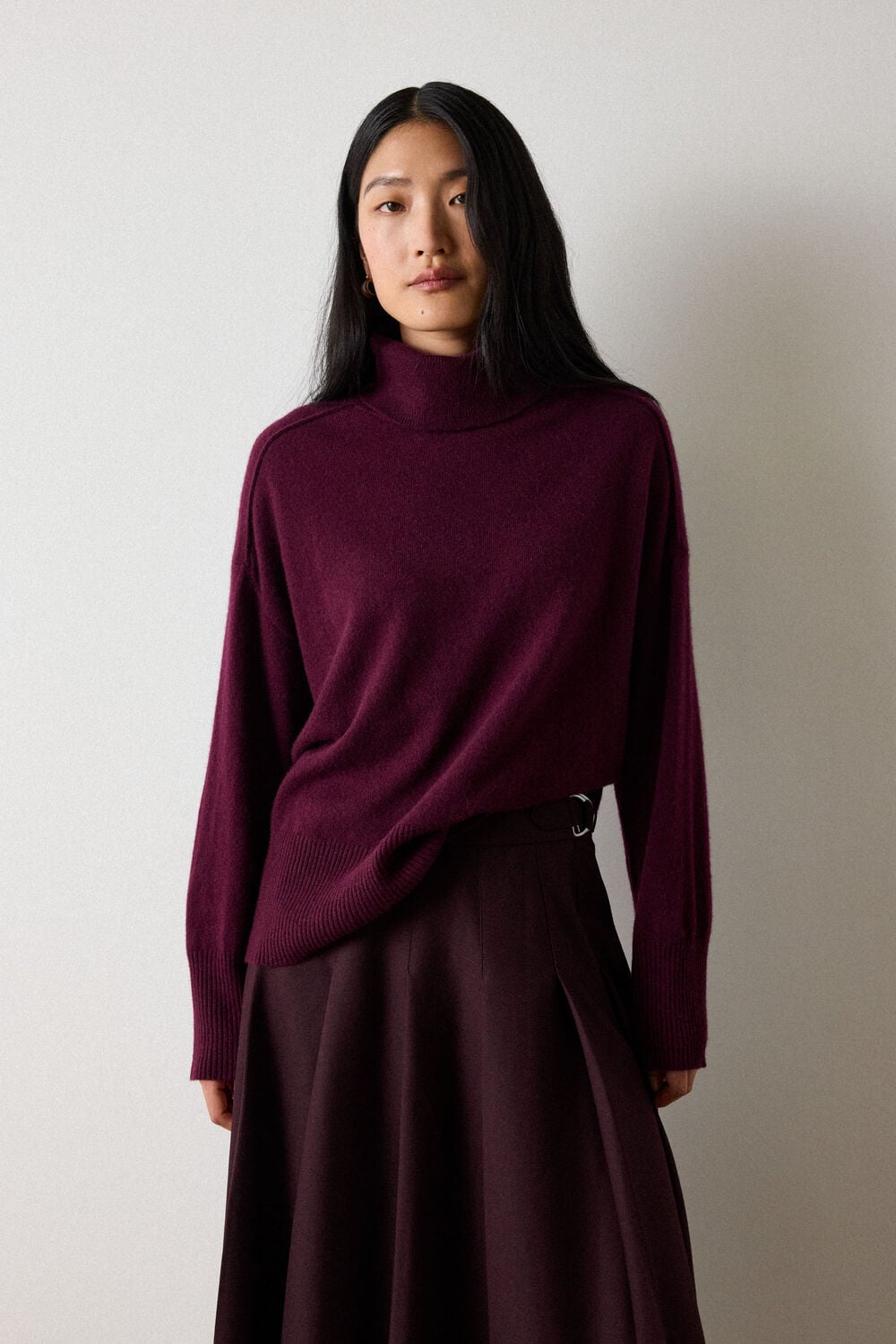 Burgundy Cashmere Seam Roll Neck Knit