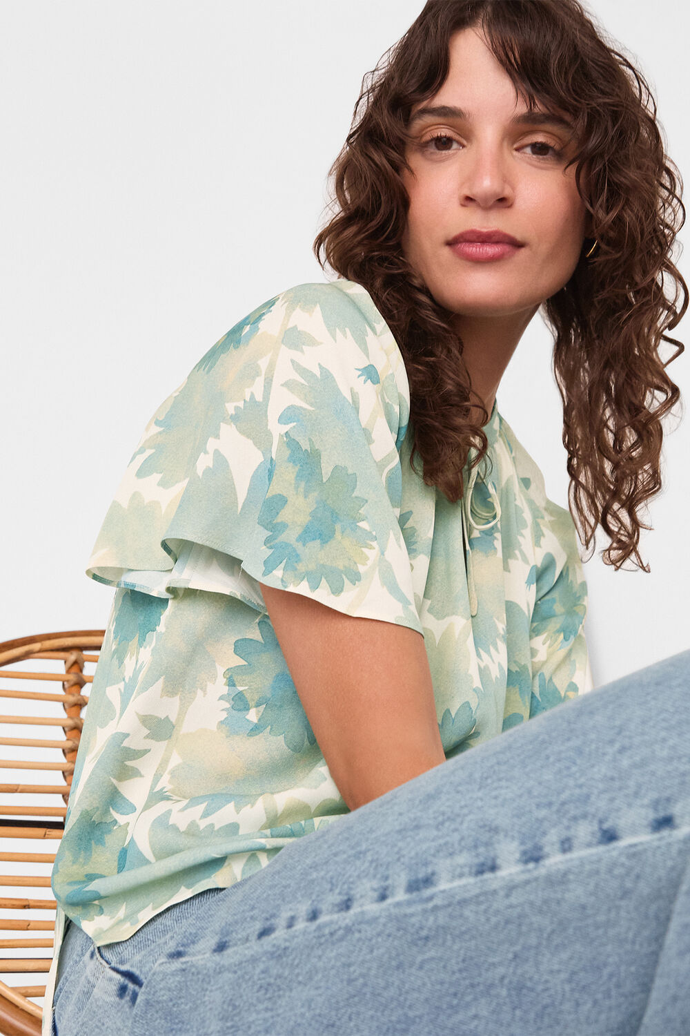 Blue Floral Tie Neck Blouse