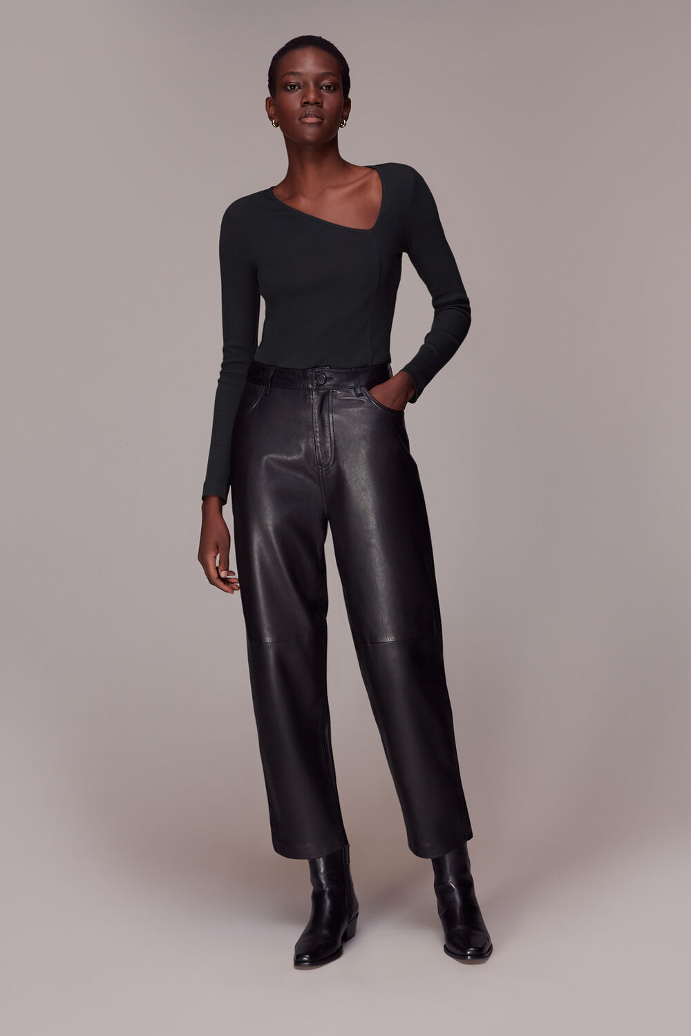 Black Ribbed Asymmetric V-Neck Top