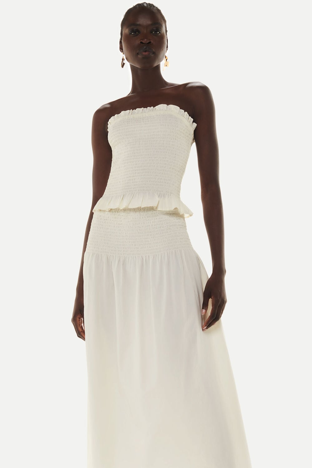 Ivory Smocked Waist Midi Skirt