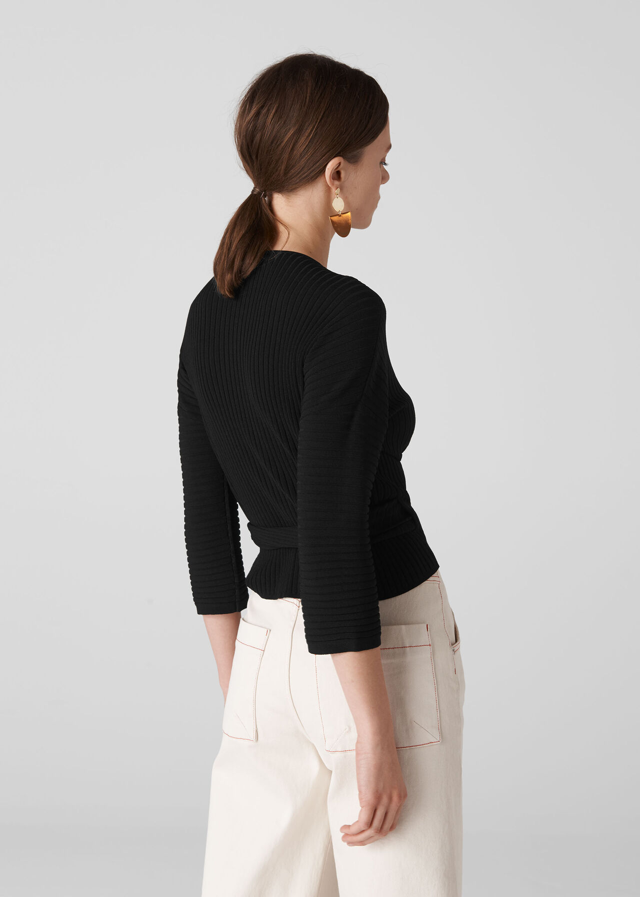 Rib Detail Wrap Top Black