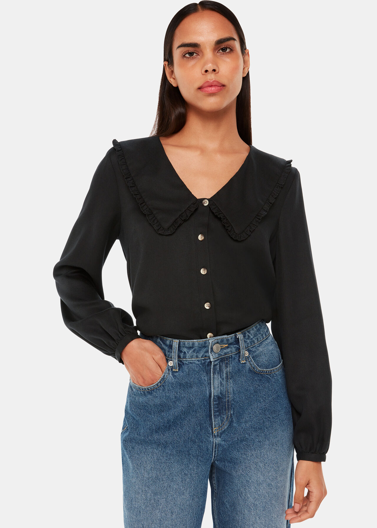 Black Button-Up Blouse With Oversized Collar | Whistles