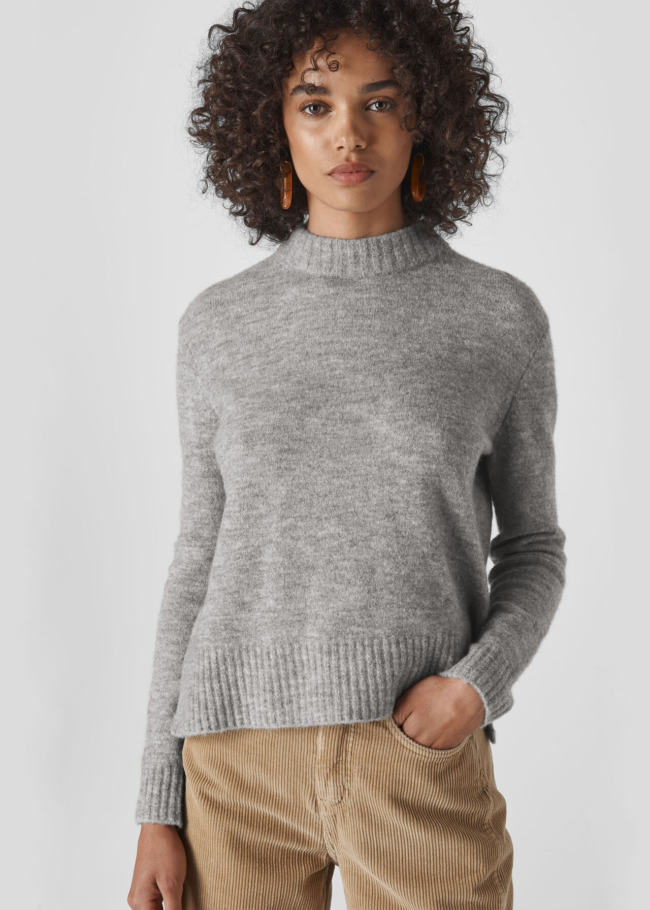 Grey Ribbed Neck Knit | WHISTLES