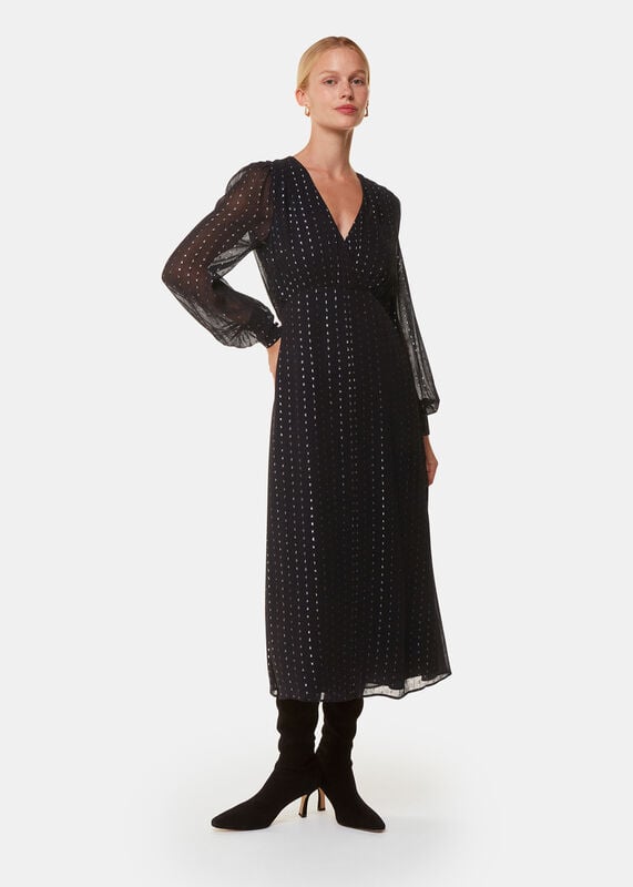 Black Metallic Stripe Midi Dress