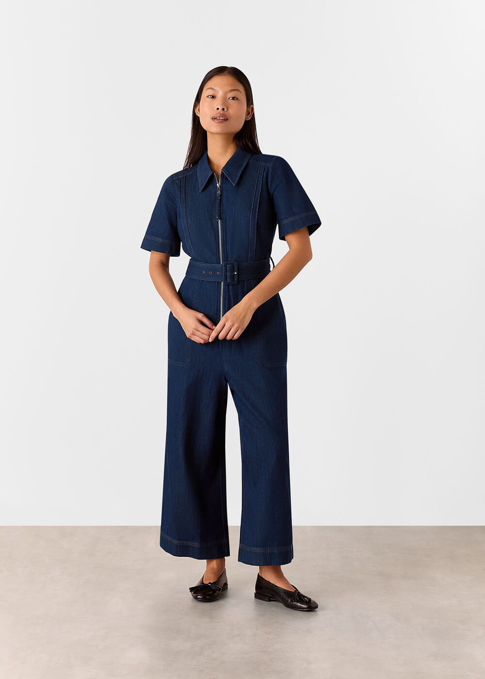 Petite Denim Pintuck Belted Jumpsuit