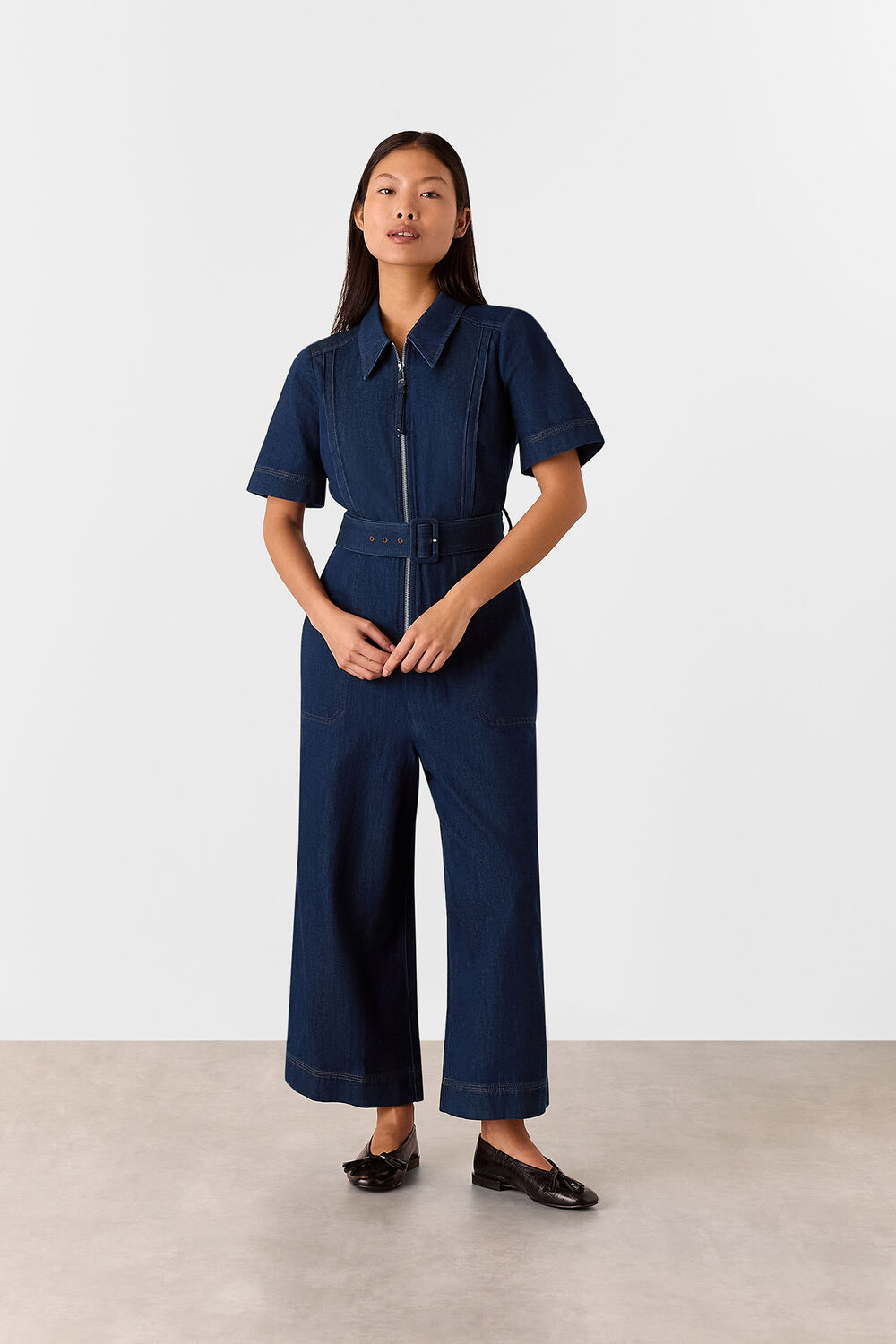 Petite Denim Pintuck Belted Jumpsuit