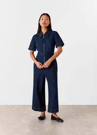 Petite Denim Pintuck Belted Jumpsuit