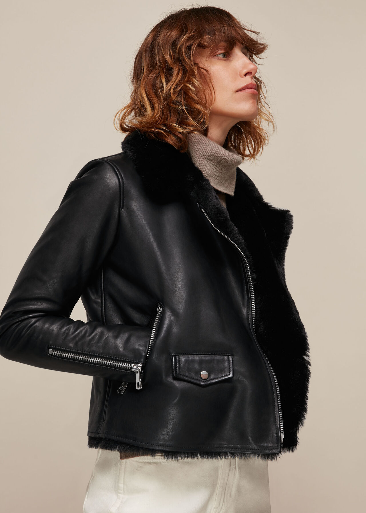 Black Faux Fur Lined Agnes Biker, WHISTLES