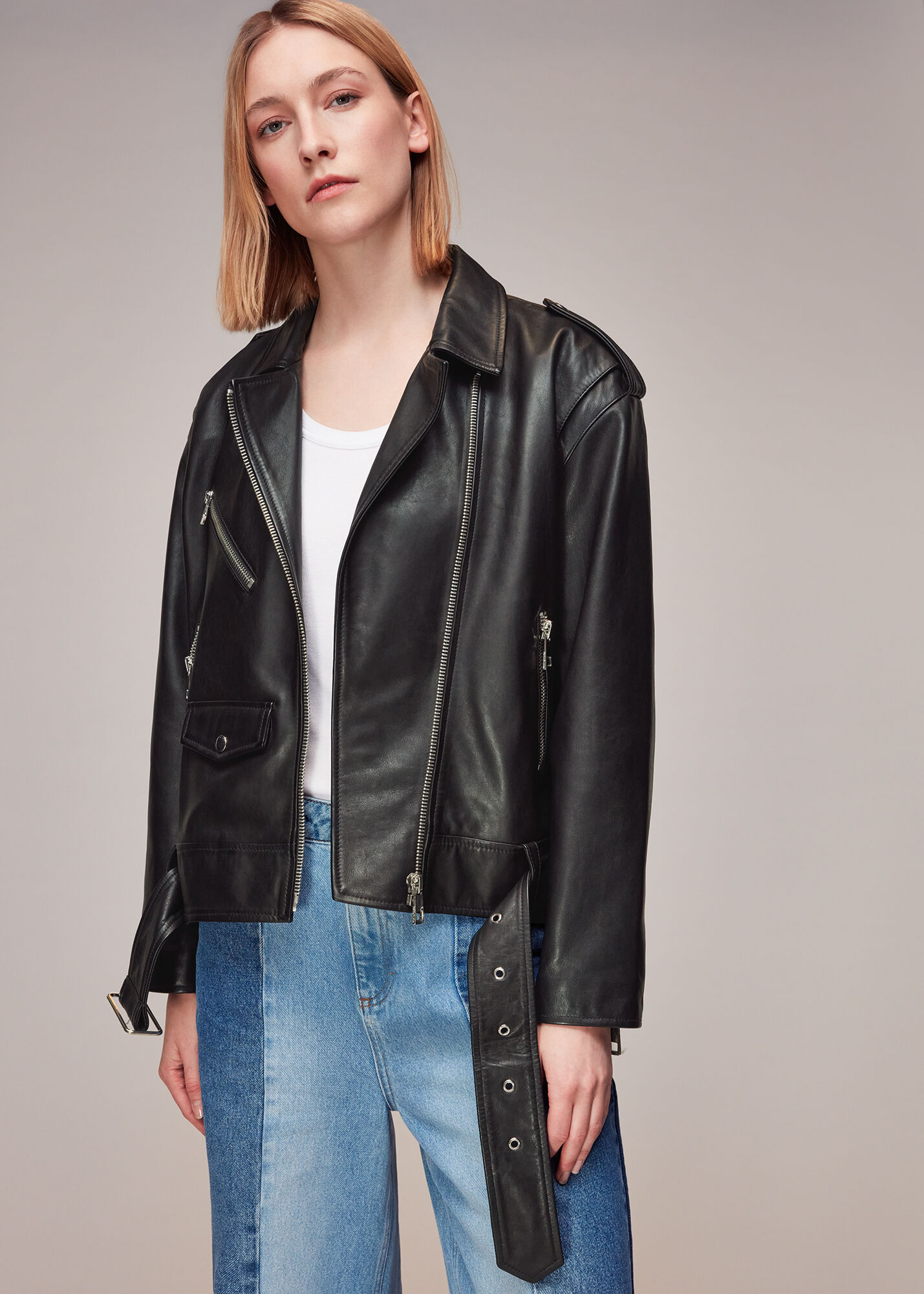 Black Sophia Oversized Leather Biker WHISTLES