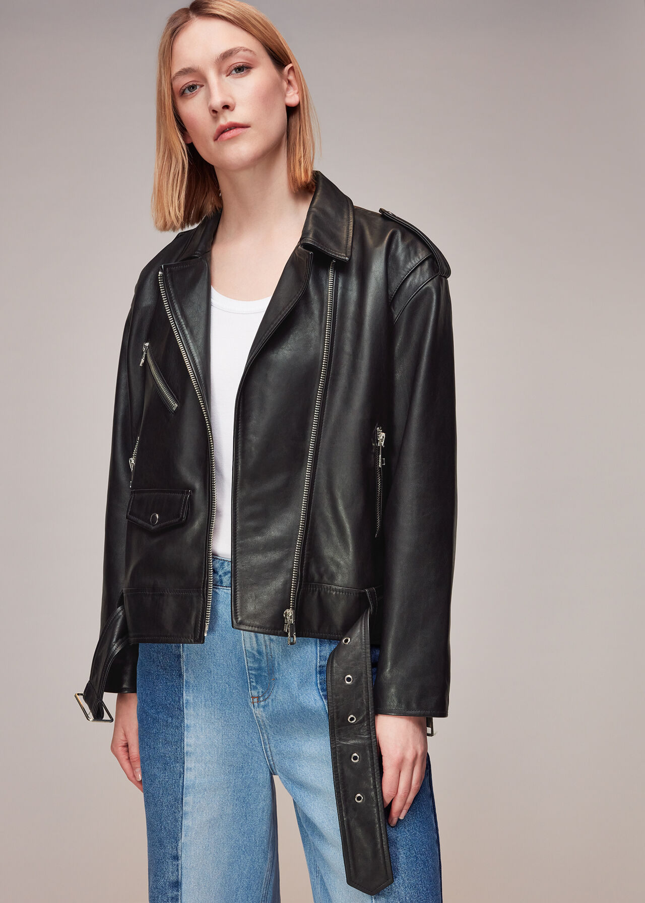 Black Sophia Oversized Leather Biker | WHISTLES