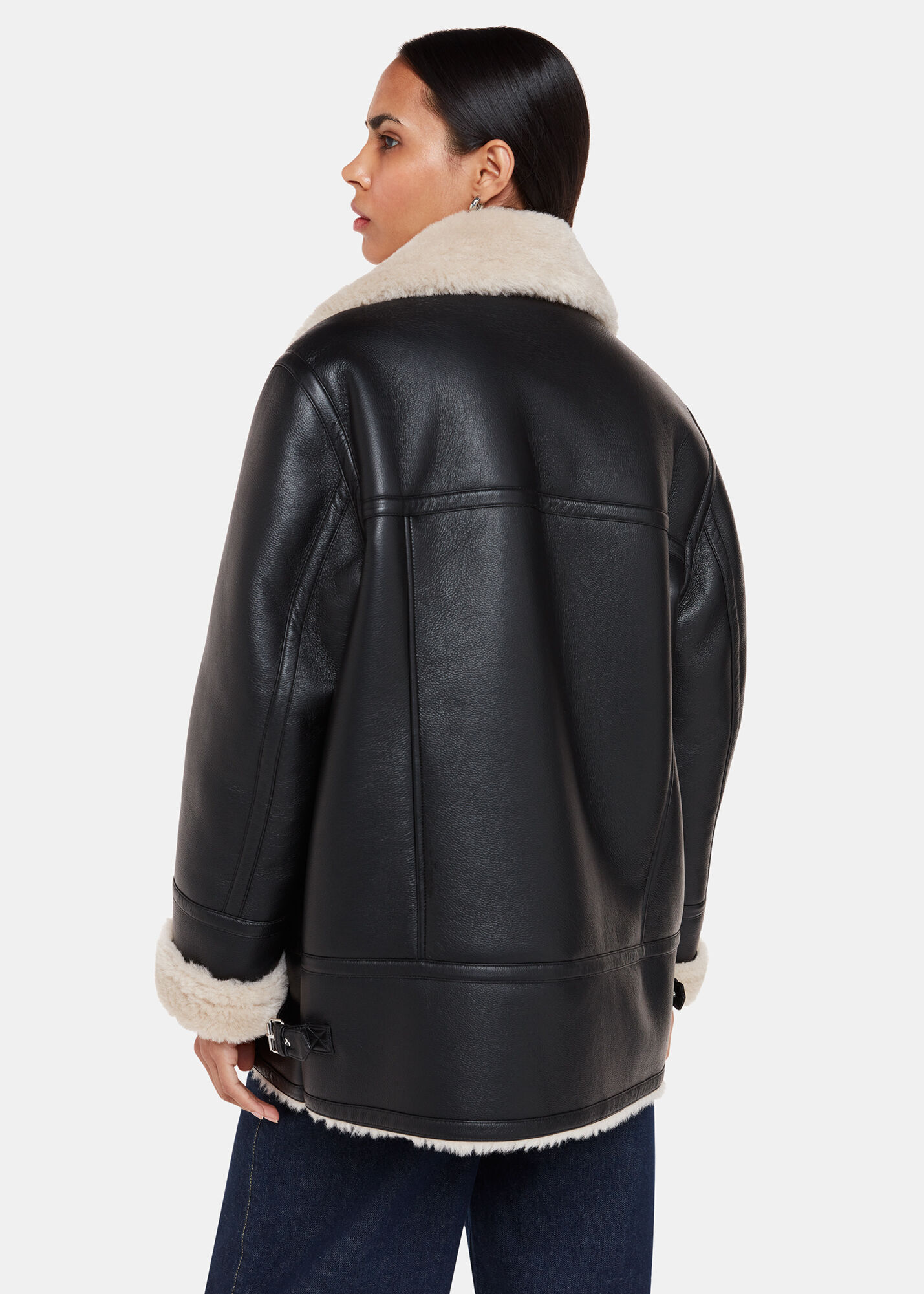 Black aviator jacket with white fur top