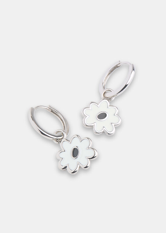 Silver Enamel Flower Huggie Hoop
