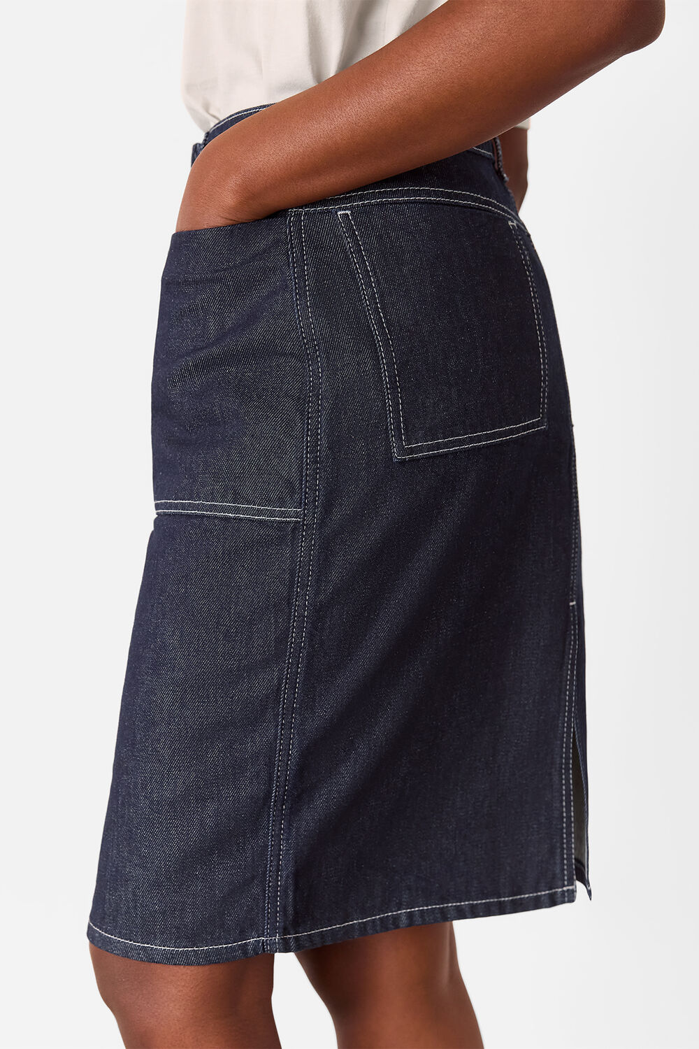 Dark Denim Contrast Stitch Midi Skirt