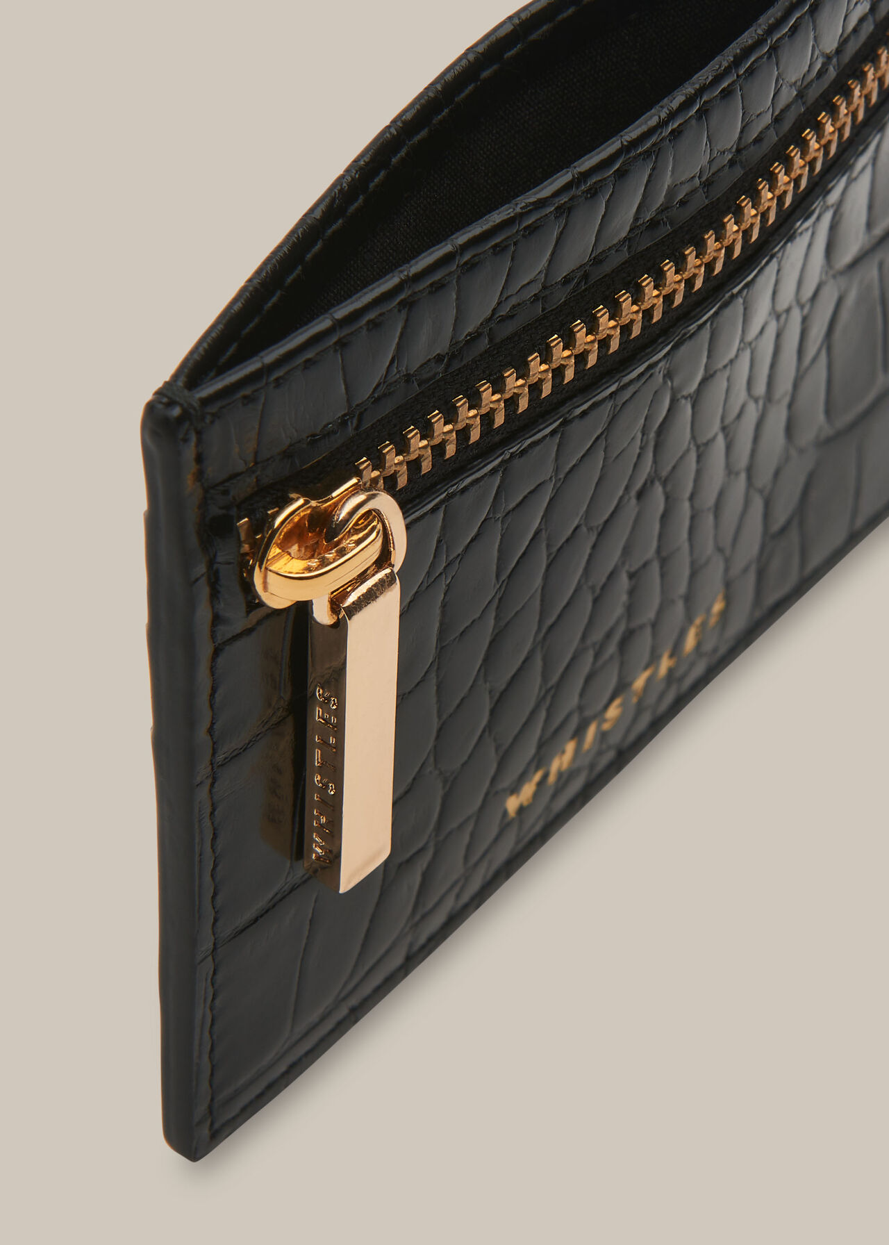 ZIPPED CARD HOLDER IN CROCODILE EMBOSSED CALFSKIN - BLACK