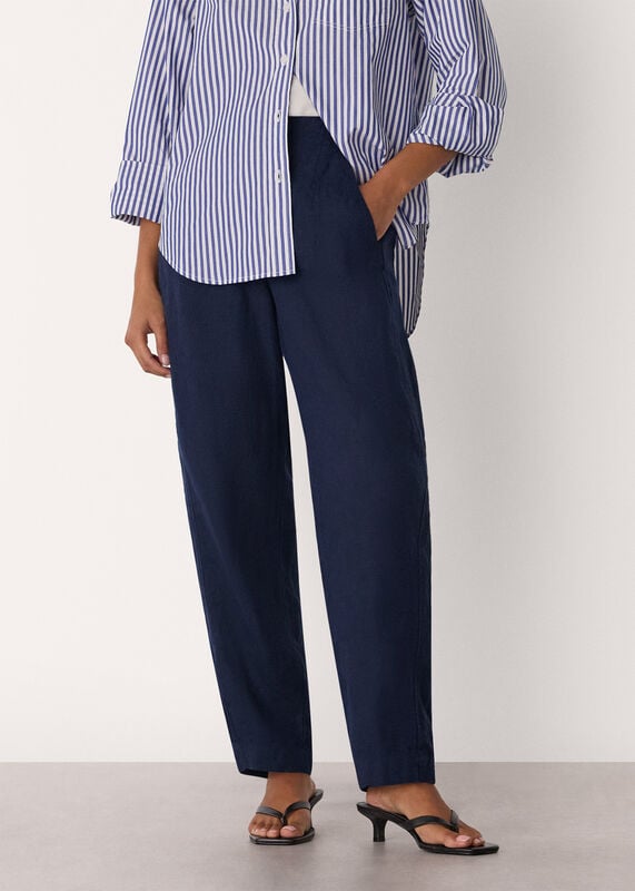 Navy Petite Linen Barrel Trouser