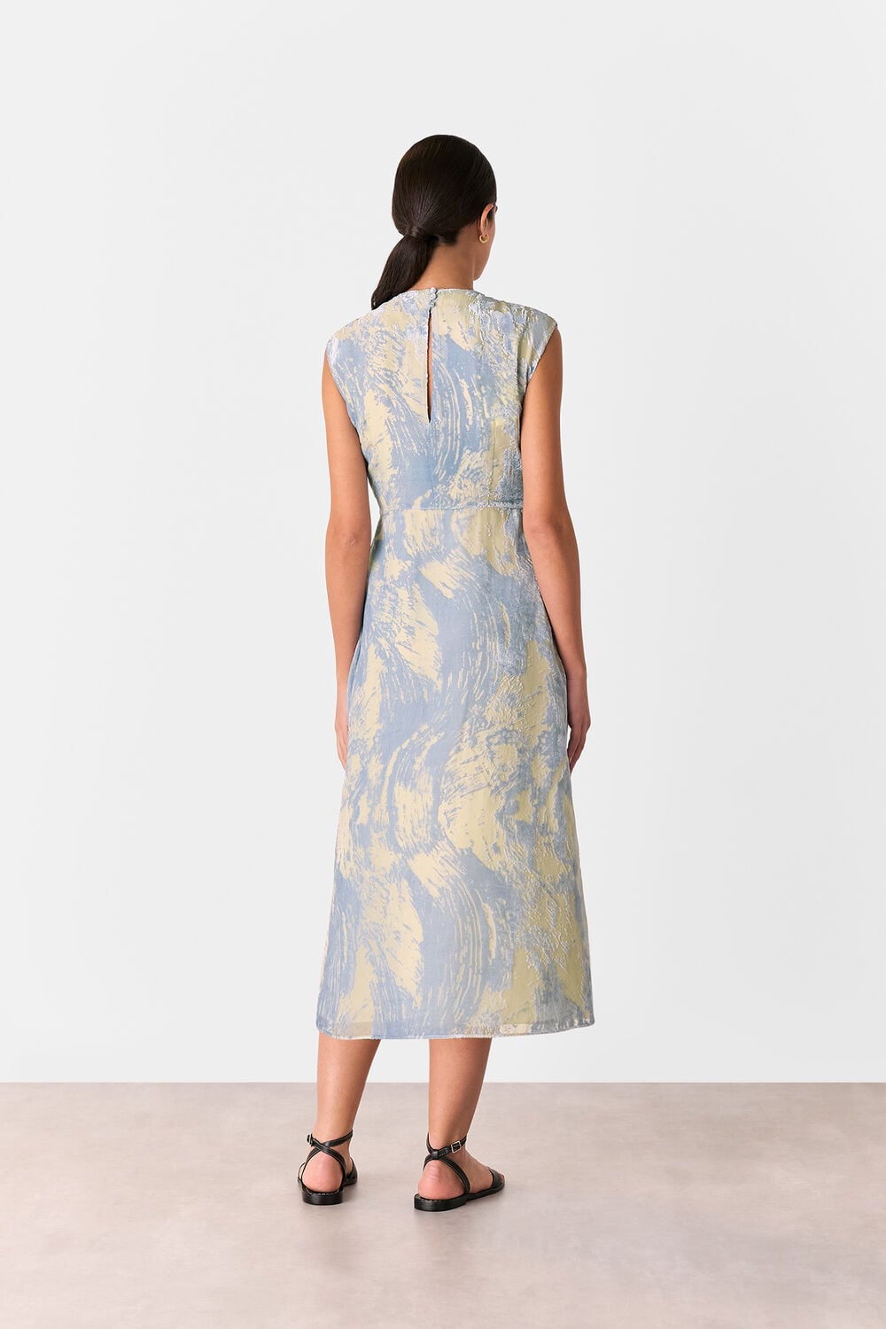 Blue Devore Swirl Velvet Midi Dress