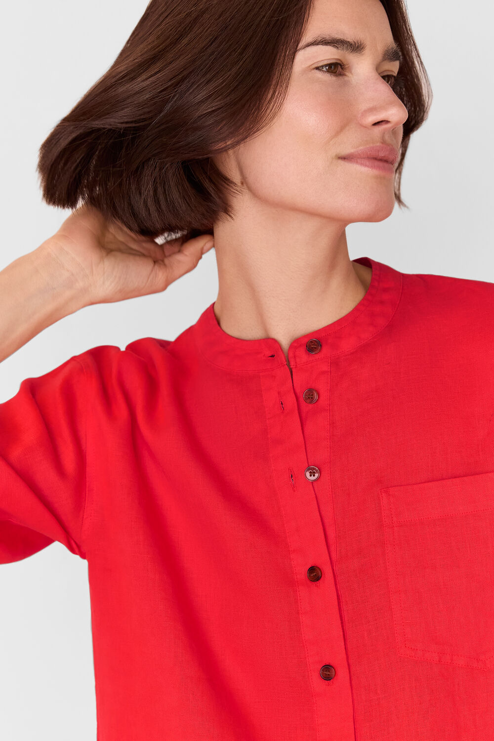 Red Linen Grandad Collar Shirt