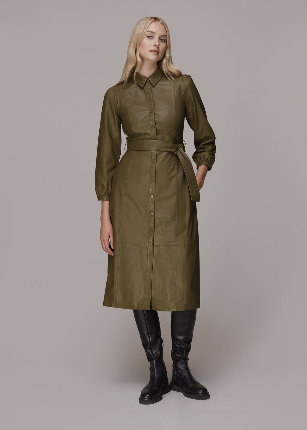 Khaki Phoebe Leather Shirt Dress Whistles Whistles