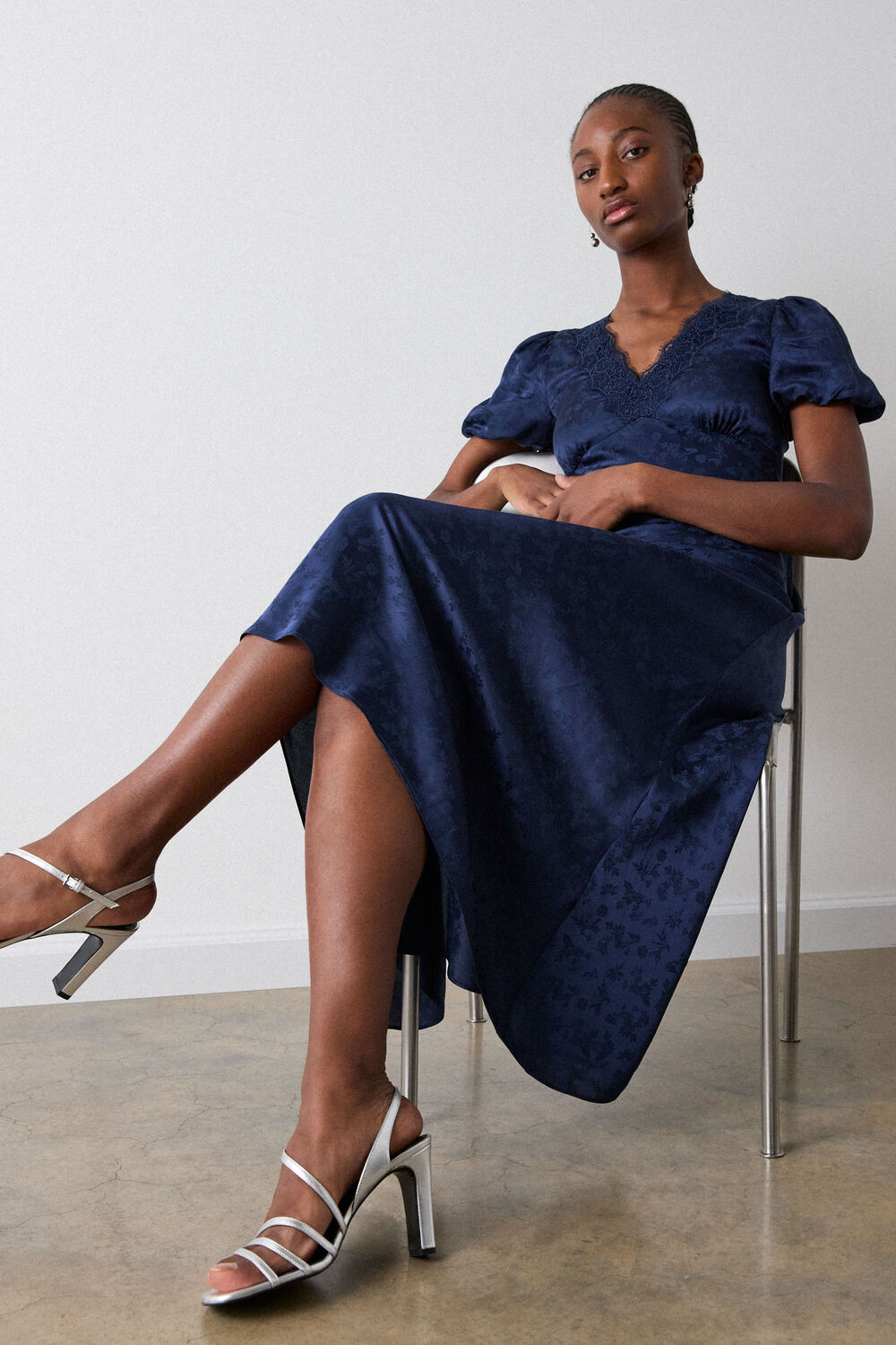 Navy Jacquard V Neck Midi Dress