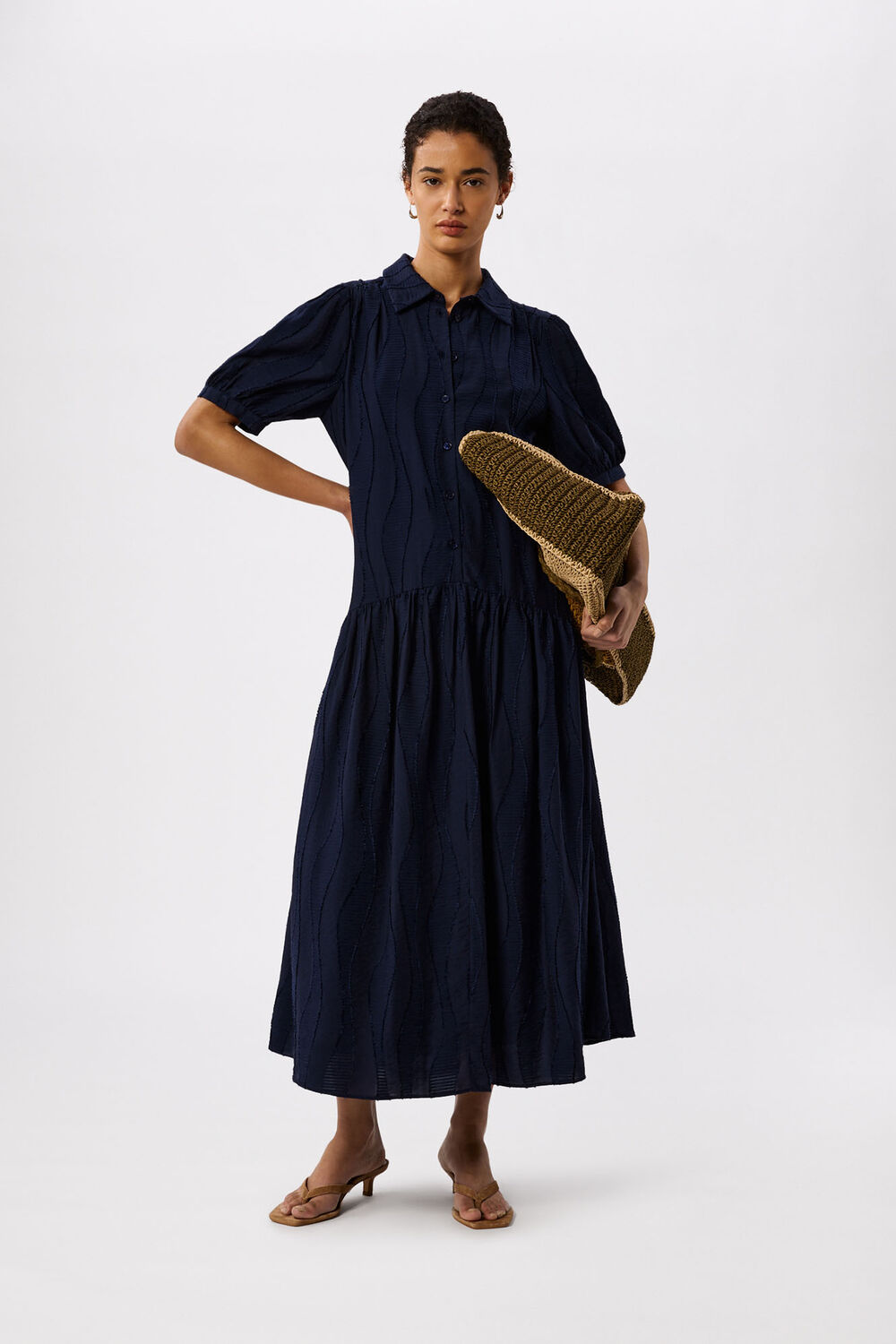 Navy Textured Drop Waist Midi Dress