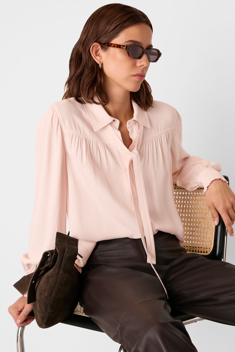 Pale Pink Tie Detail Crepe Blouse