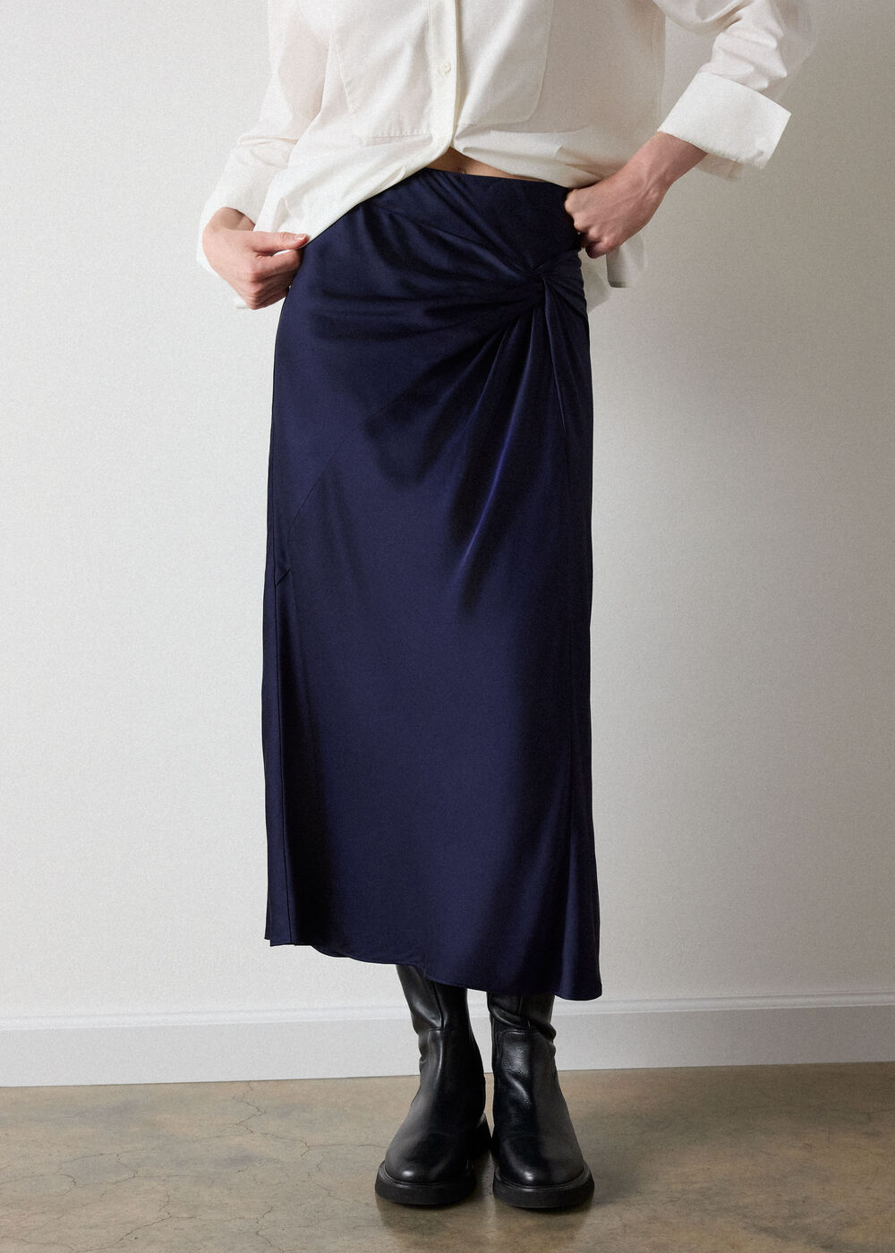 Navy Satin Twist Side Midi Skirt