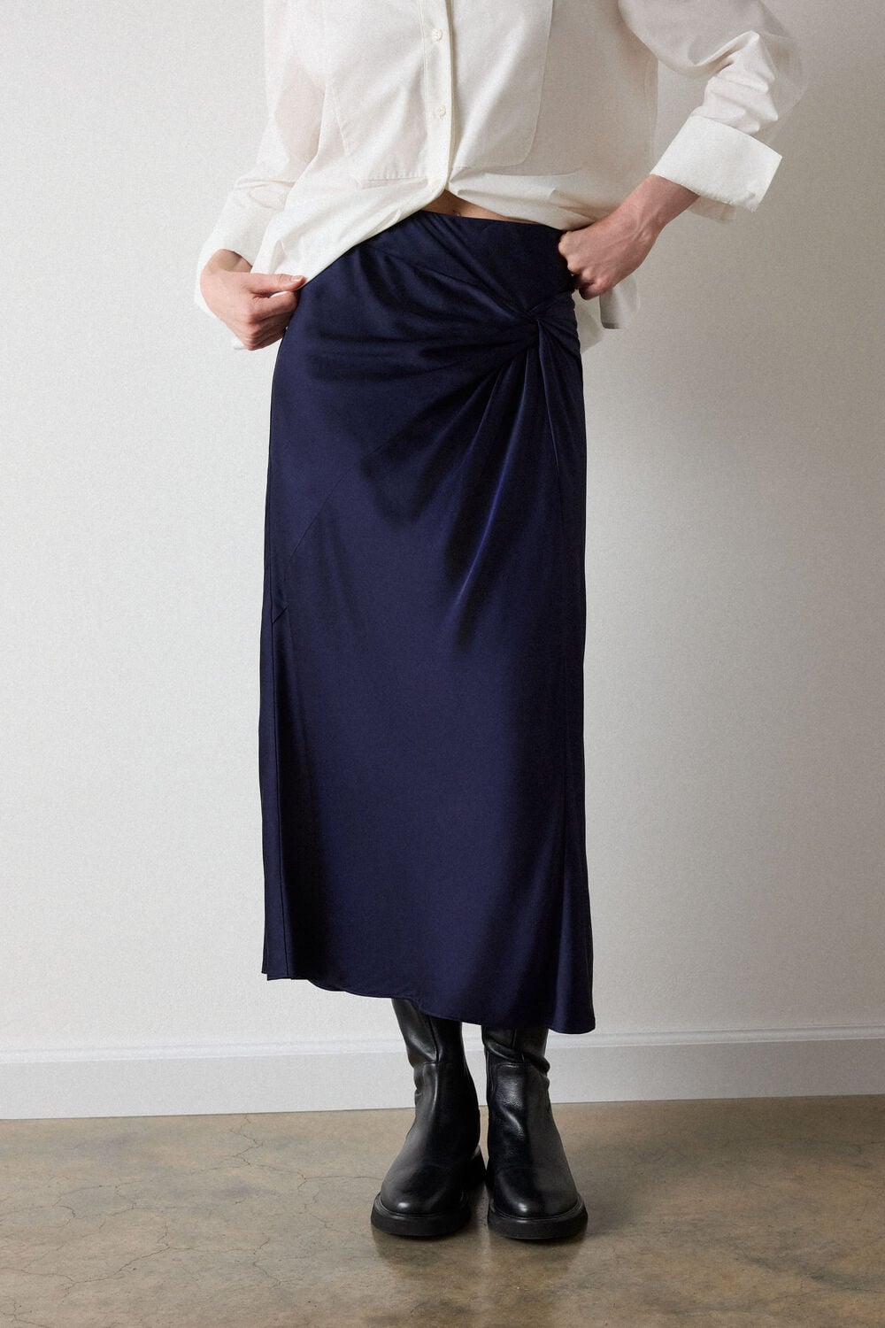 Navy Satin Twist Side Midi Skirt