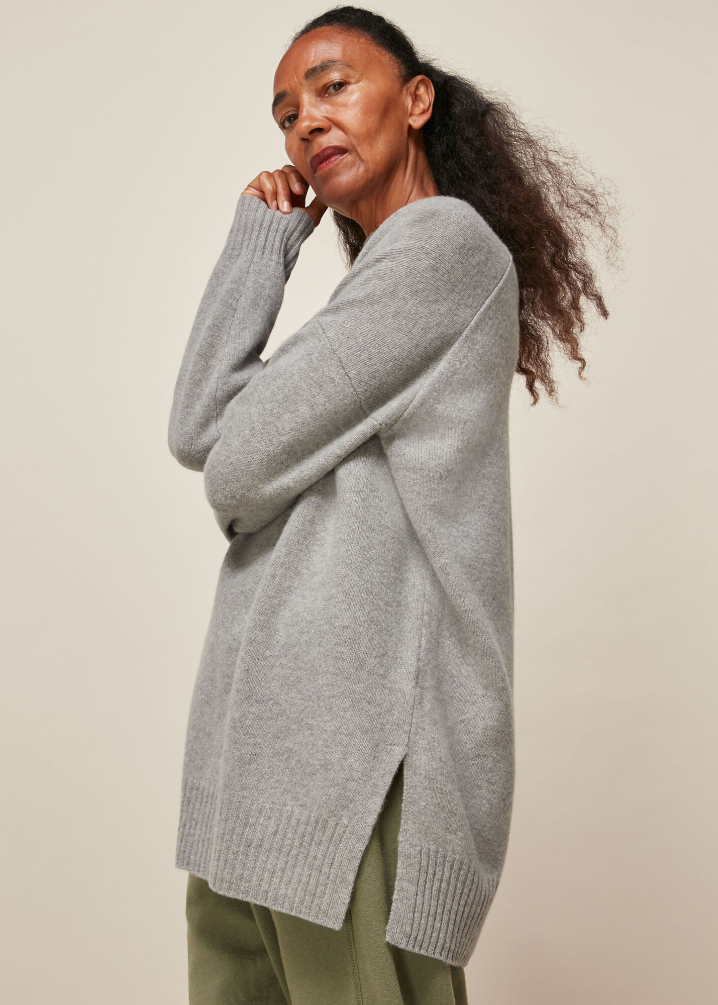Grey Long Line Crew Neck Wool Knit | WHISTLES | Whistles