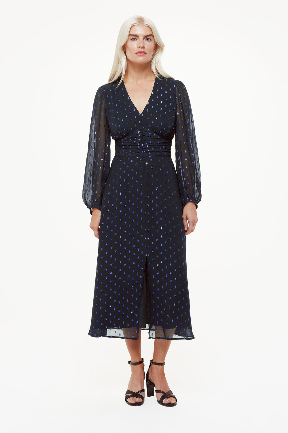 Navy Petite Metallic Dobby Midi Dress