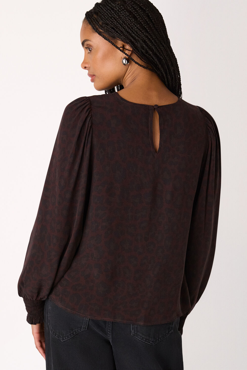 Leopard Shirred Cuff Blouse