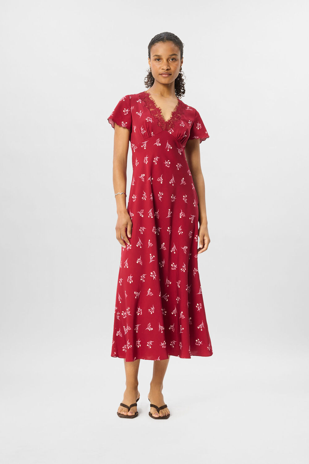 Burgundy Petite Floral Lace Trim Midi Dress
