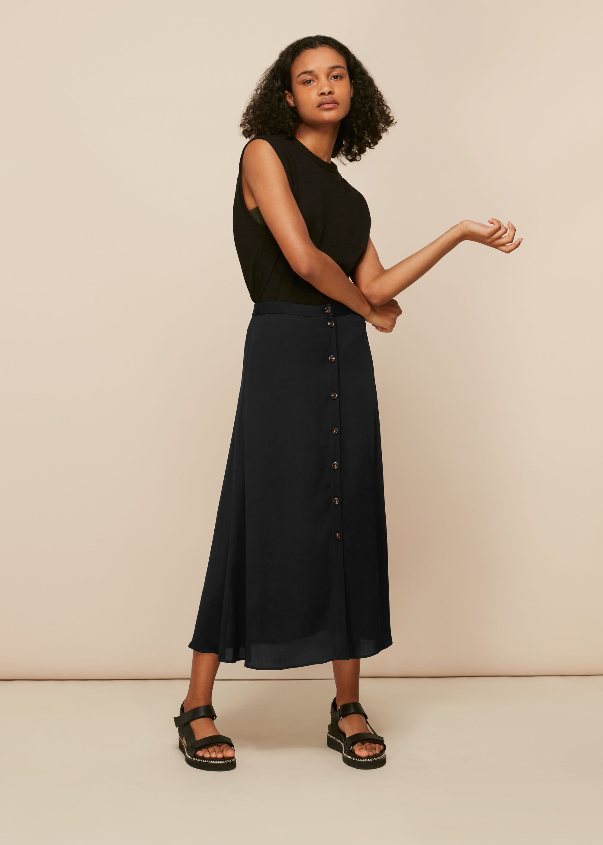 Black button deals down midi skirt