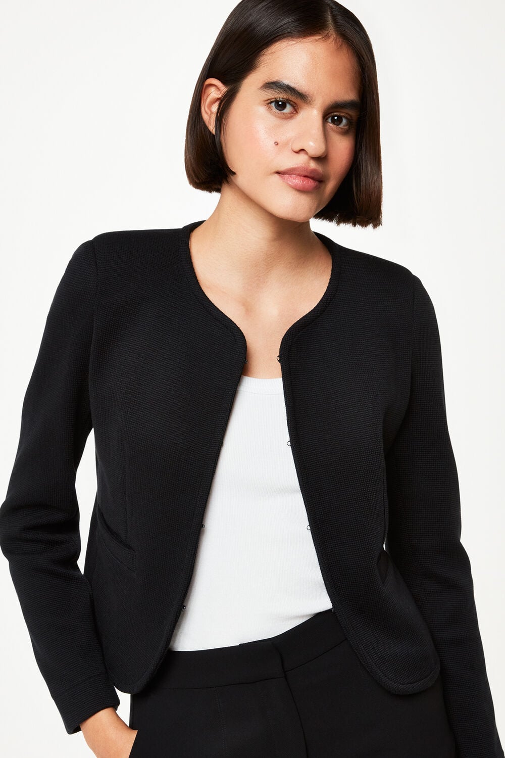 Black Collarless Jersey Jacket