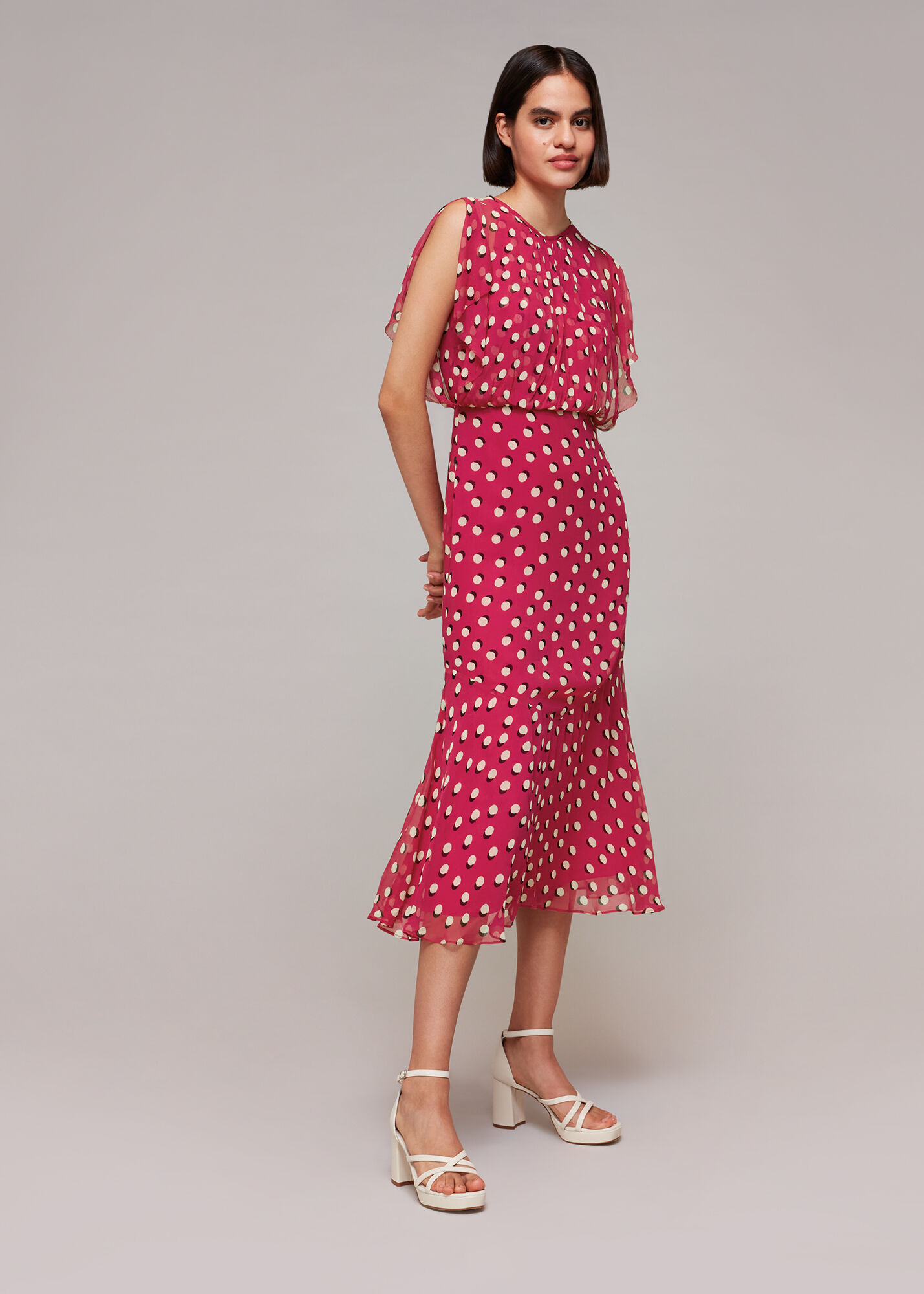 Pink/Multi Moon Spot Print Midi Dress | WHISTLES