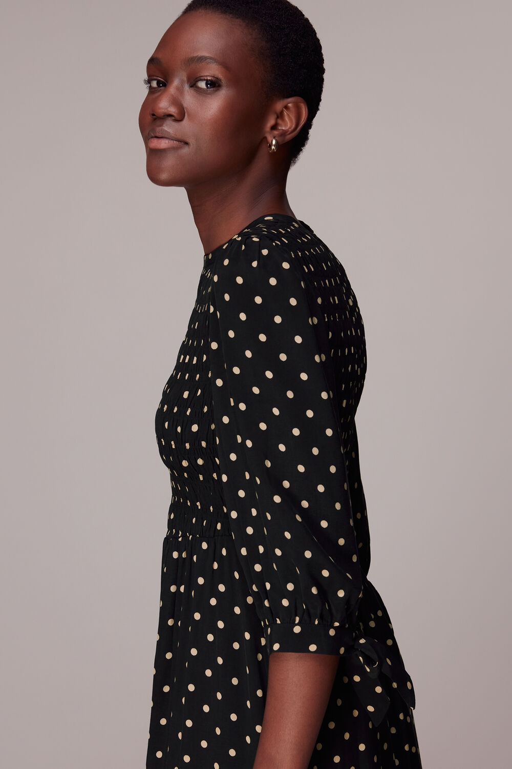 Shirred Spot Midi Dress