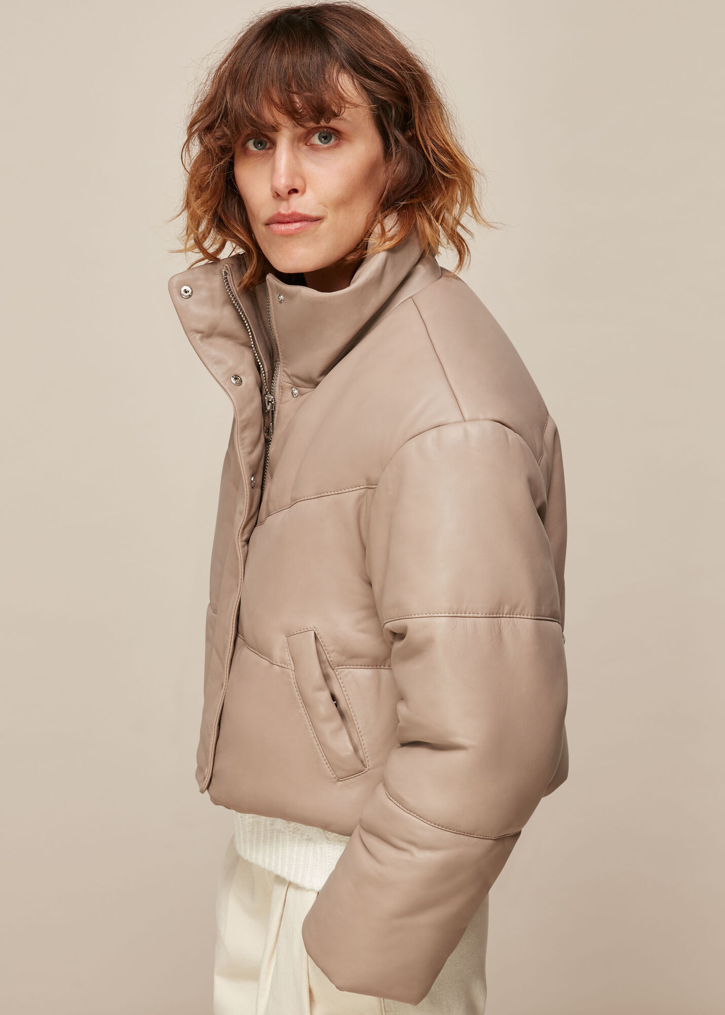 Taupe Yaz Leather Puffer Jacket WHISTLES Whistles UK