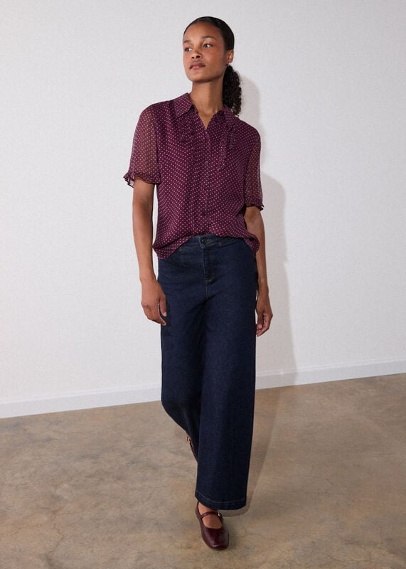 Burgundy Polka Dot Sheer Sleeve Shirt