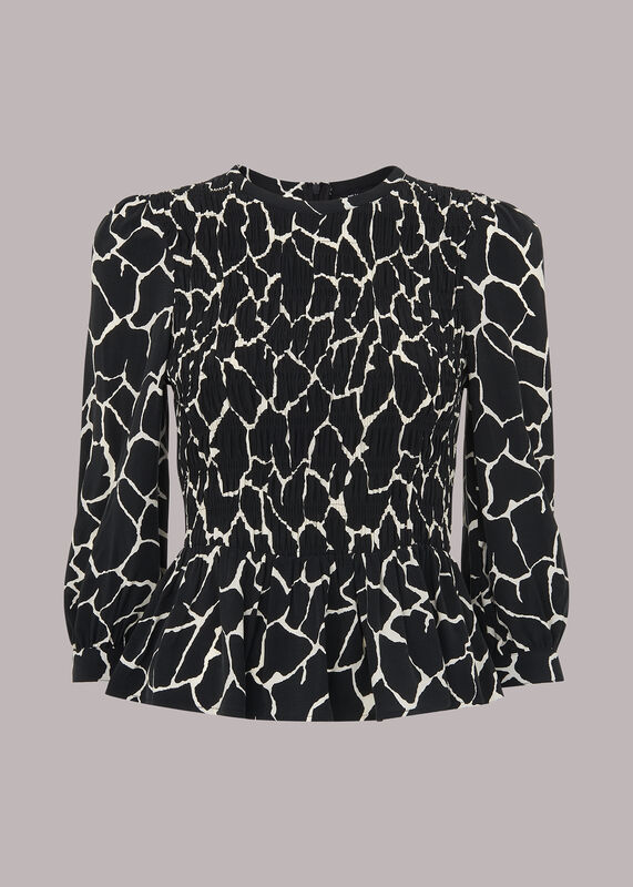 Black Giraffe Print Shirred Top