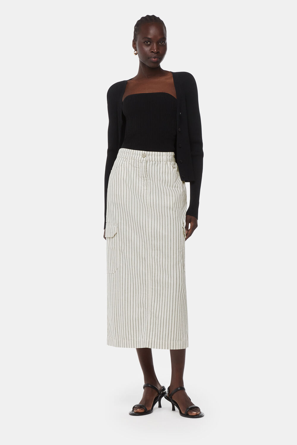 White Stripe Cargo Midi Skirt