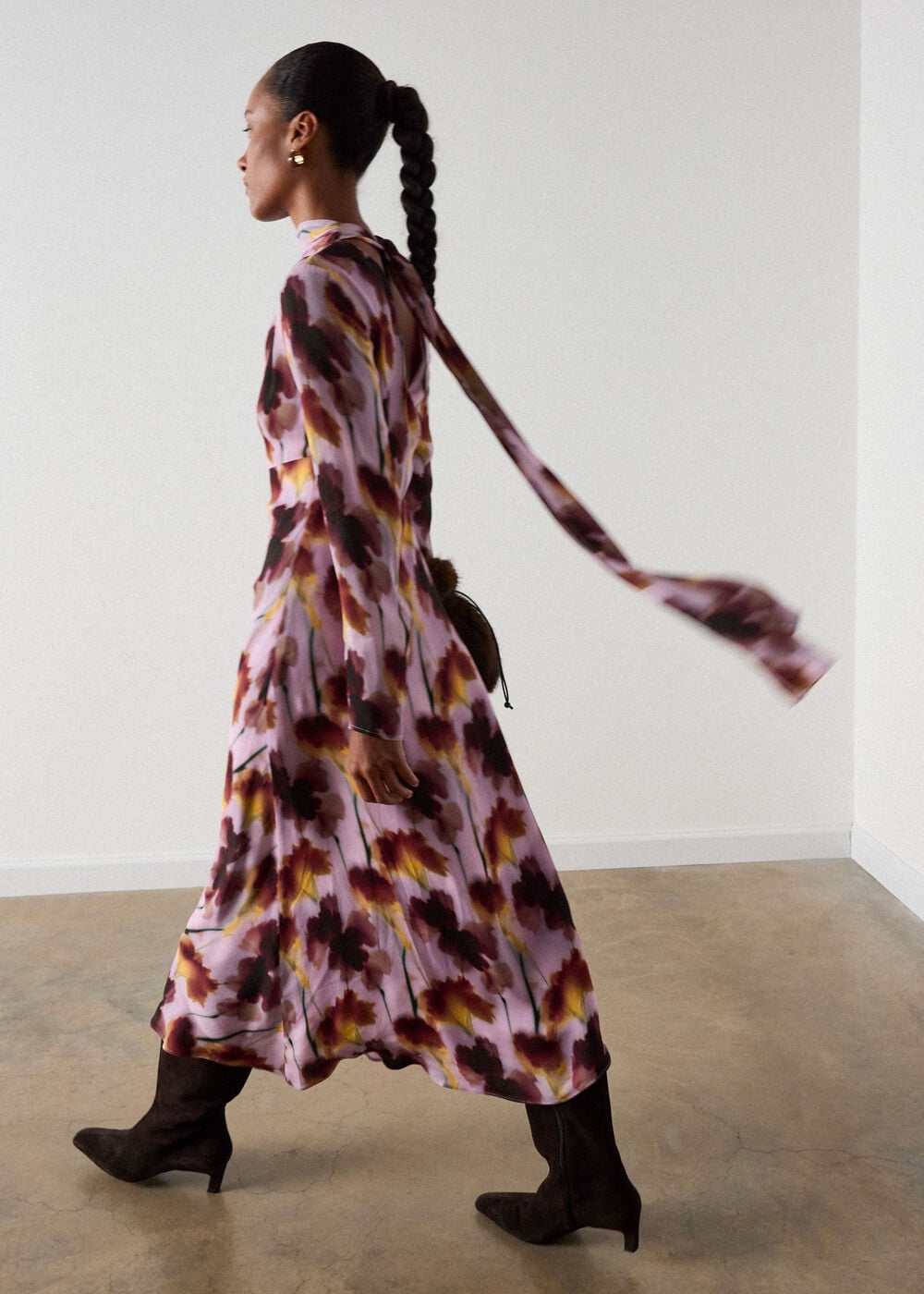 Pink Floral Stem Midi Scarf Dress