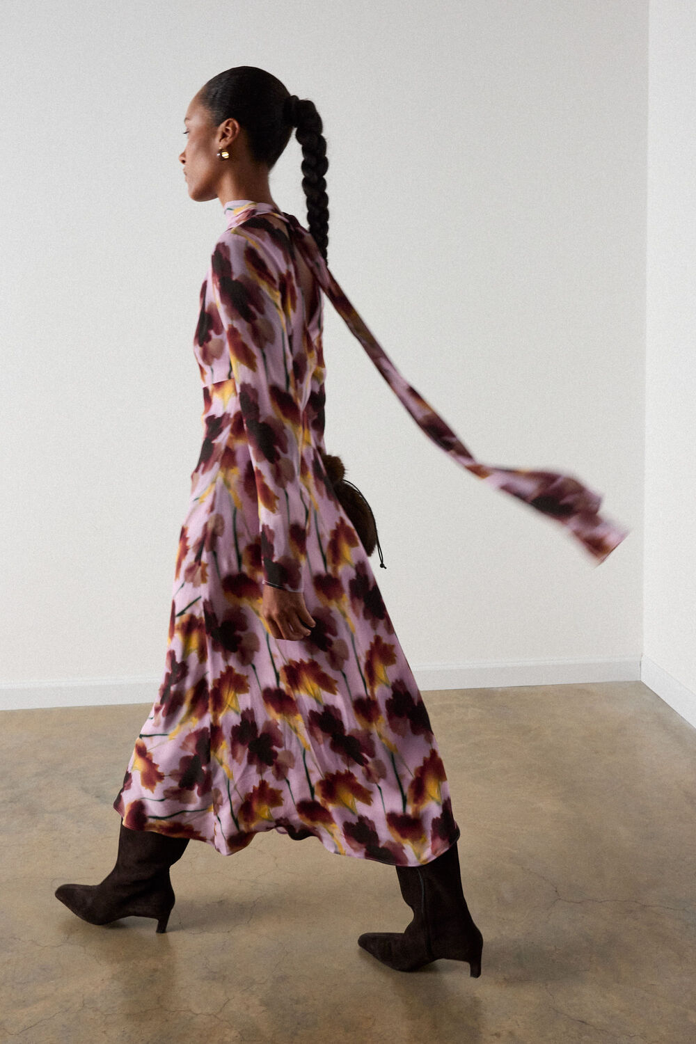 Pink Floral Stem Midi Scarf Dress