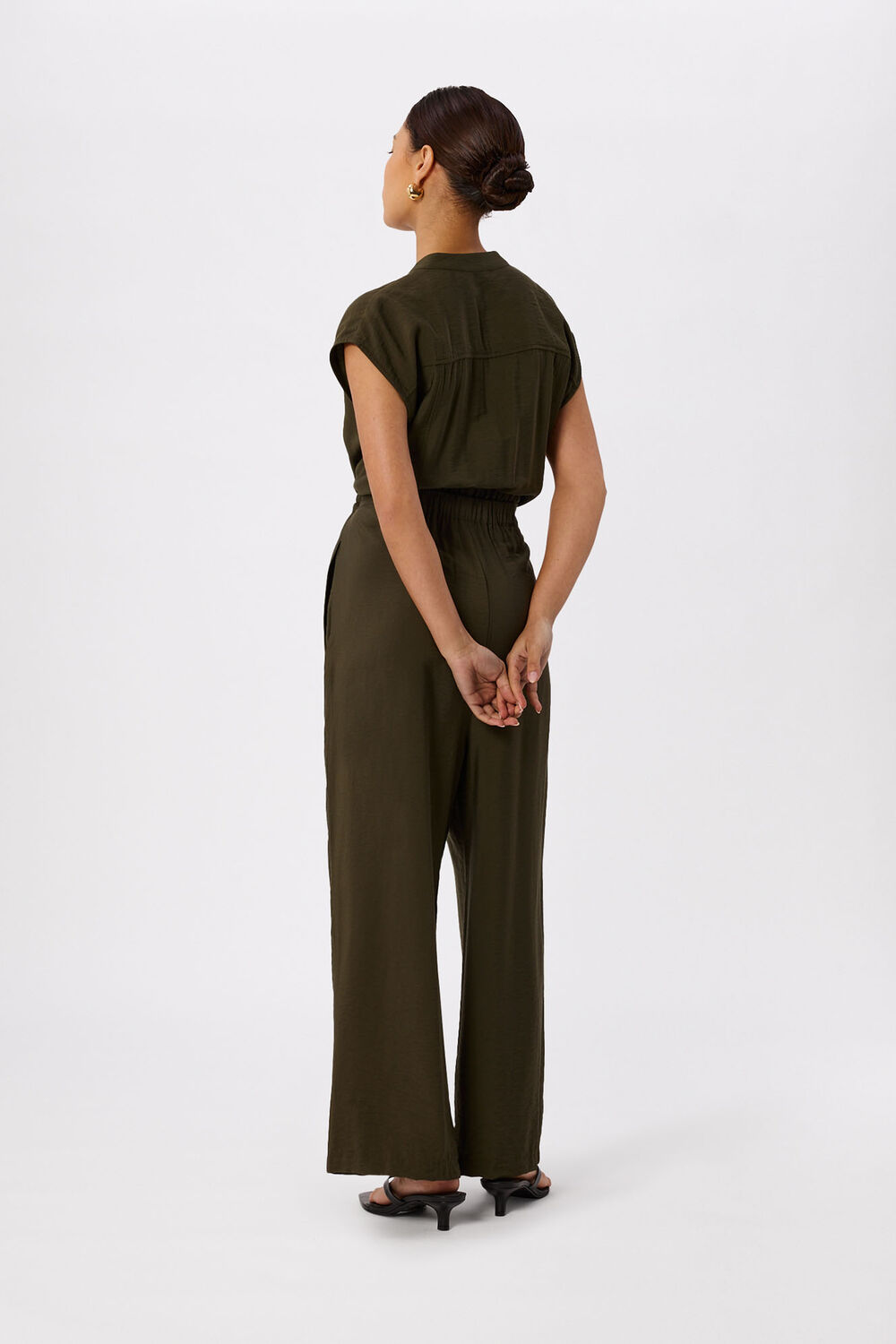 Khaki Petite Sleeveless Drawstring Jumpsuit