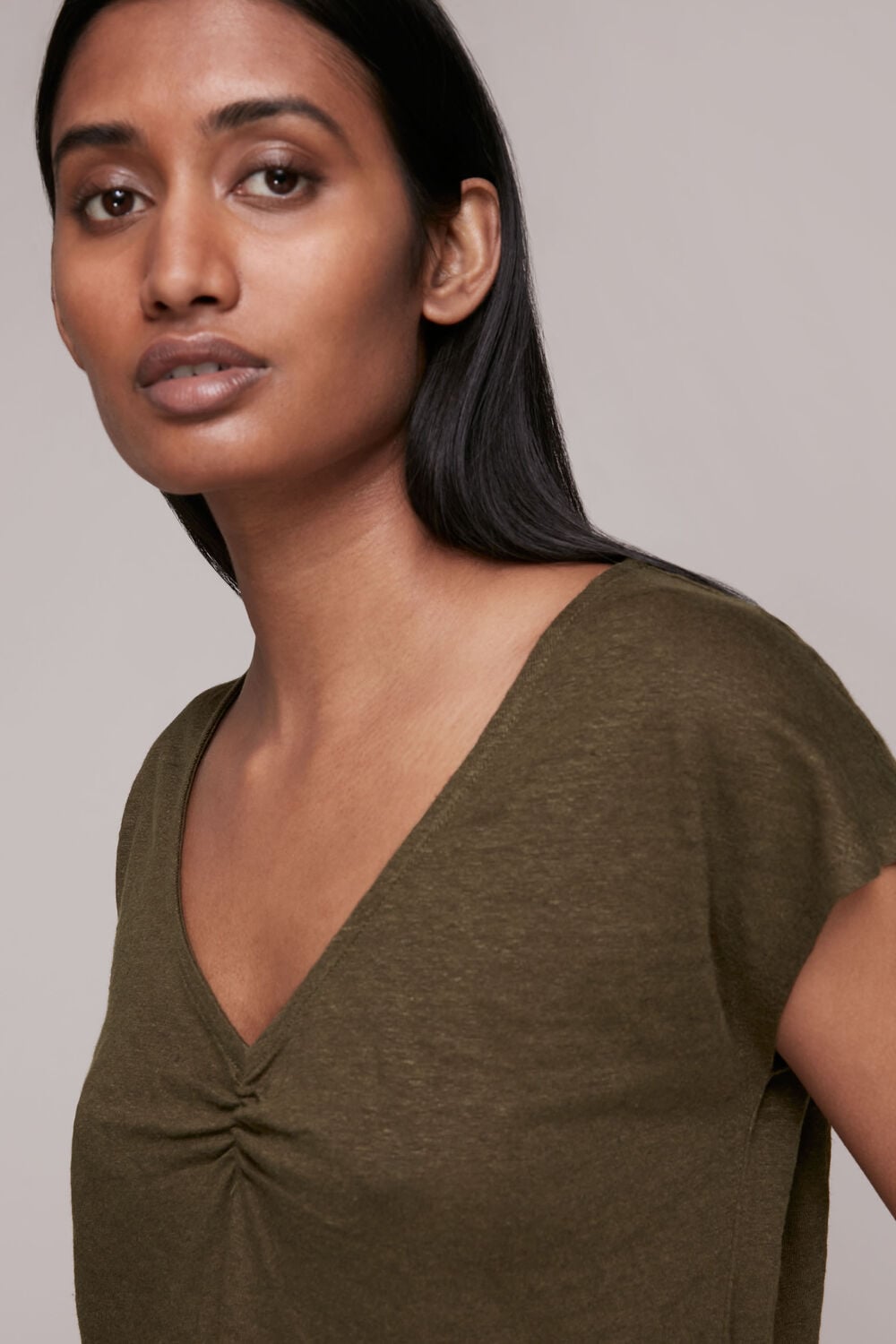 Ruched V-Neck Linen Tee