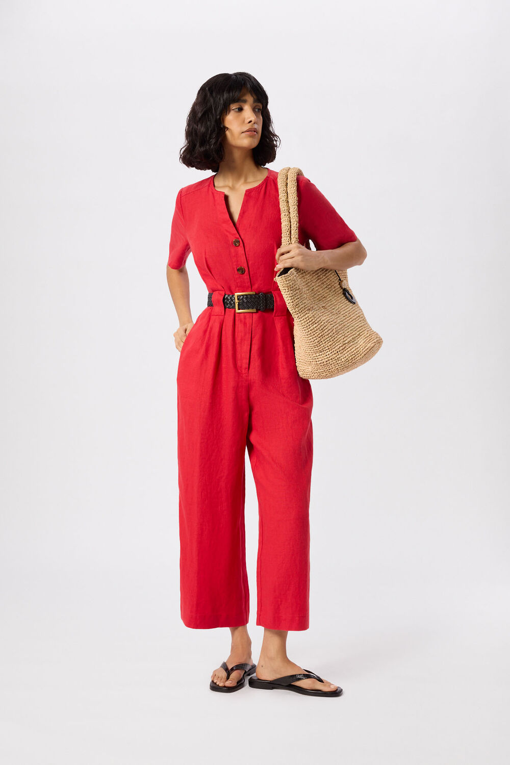 Red Fiona Linen Button Jumpsuit