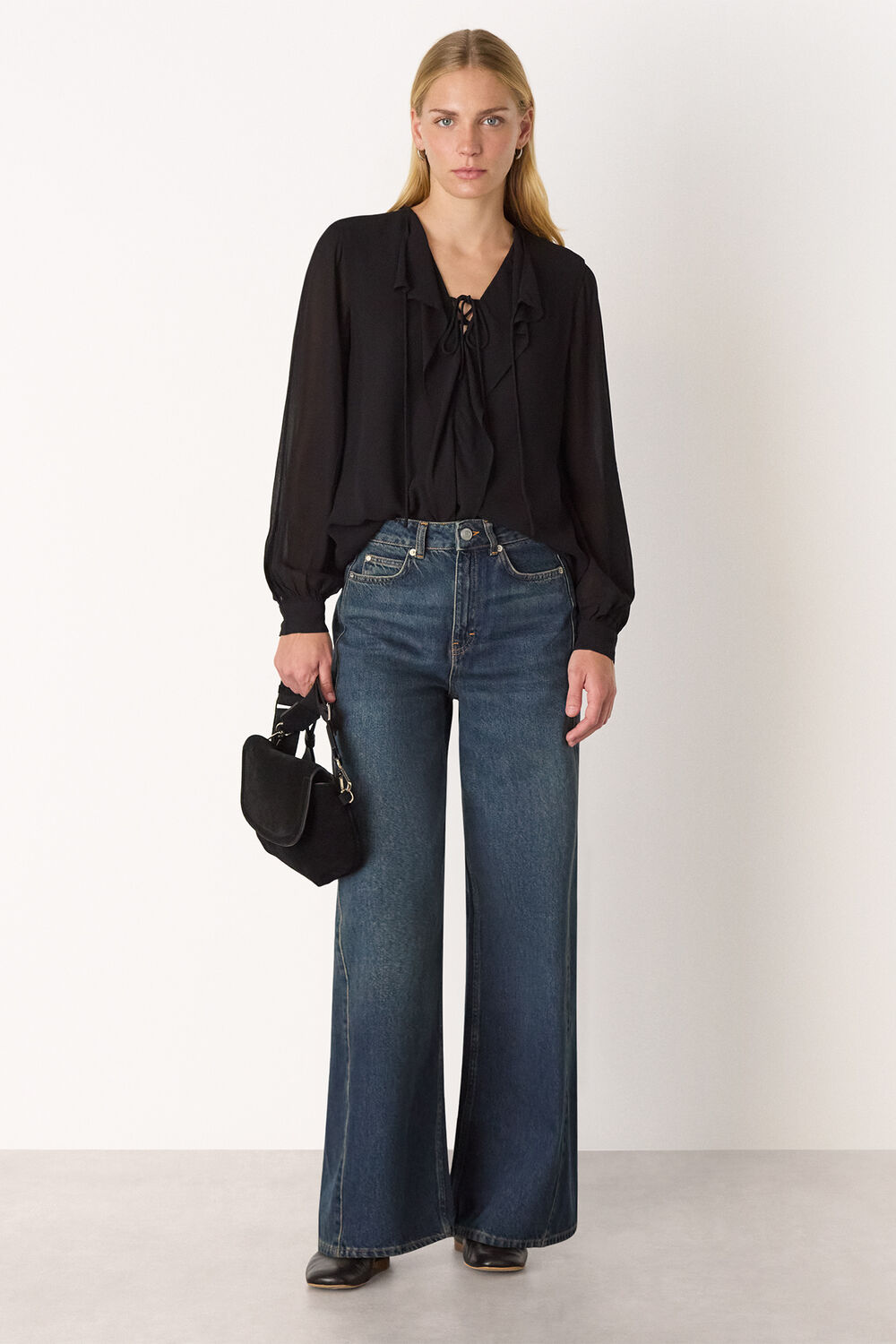 Black Sheer V Neck Frill Blouse