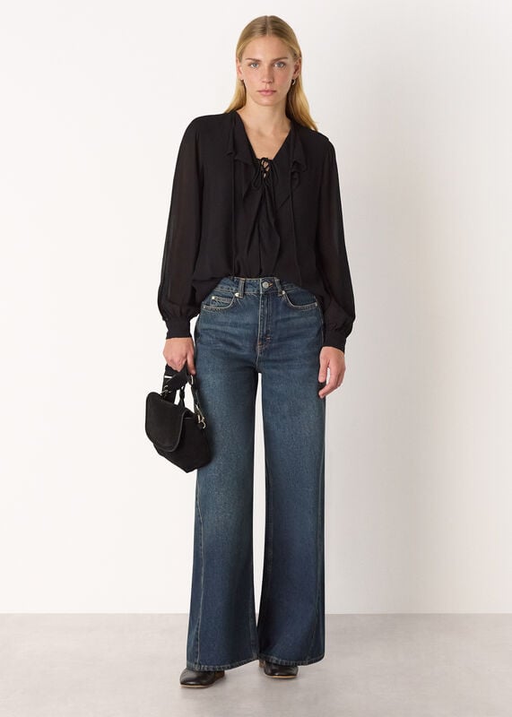 Black Sheer V Neck Frill Blouse