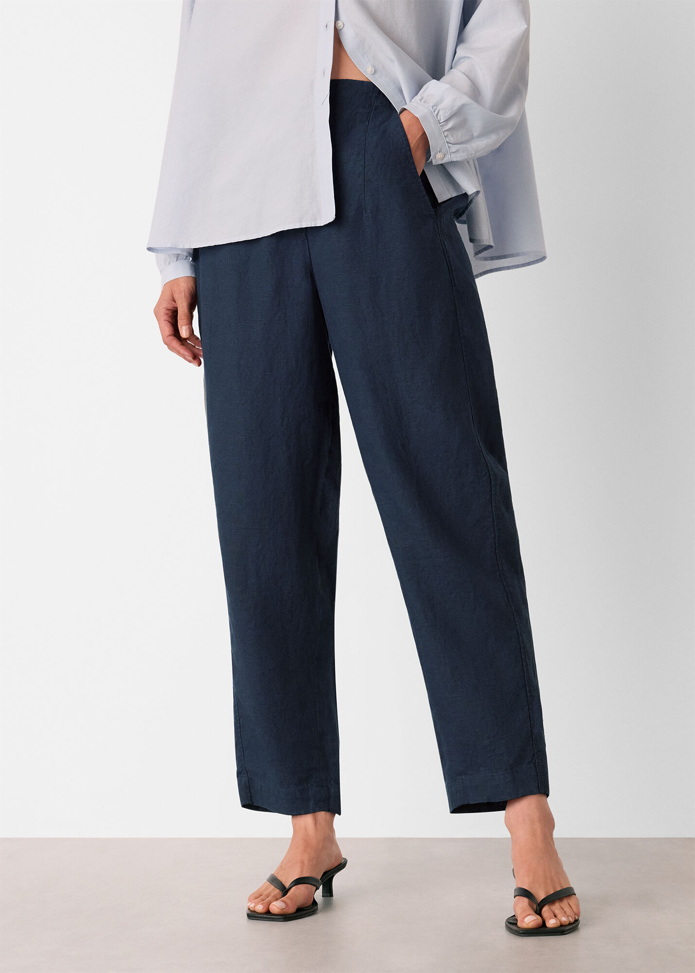 Navy Linen Barrel Leg Trouser | WHISTLES | Whistles US |