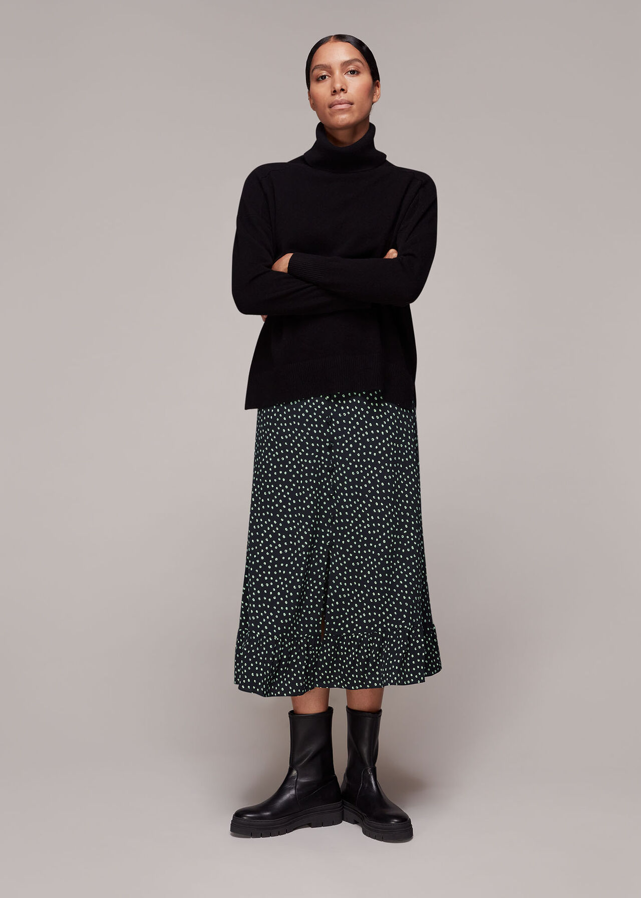 Black/Multi Stamp Spot Button Front Skirt | WHISTLES