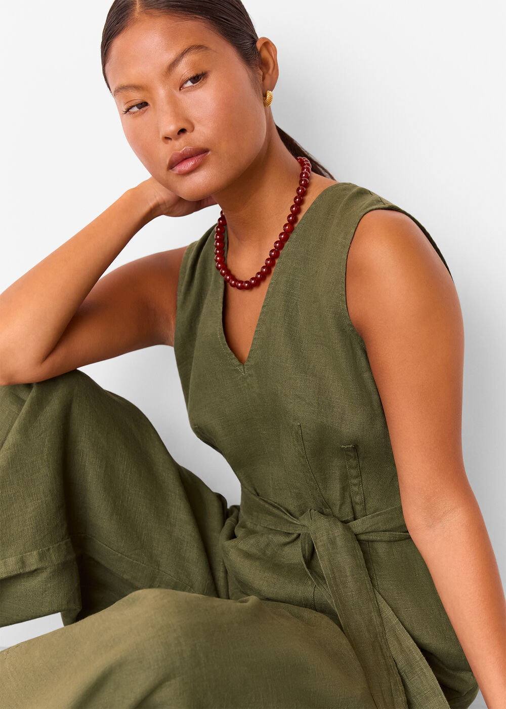 Petite Belted Seamed Linen Jumpsuit
